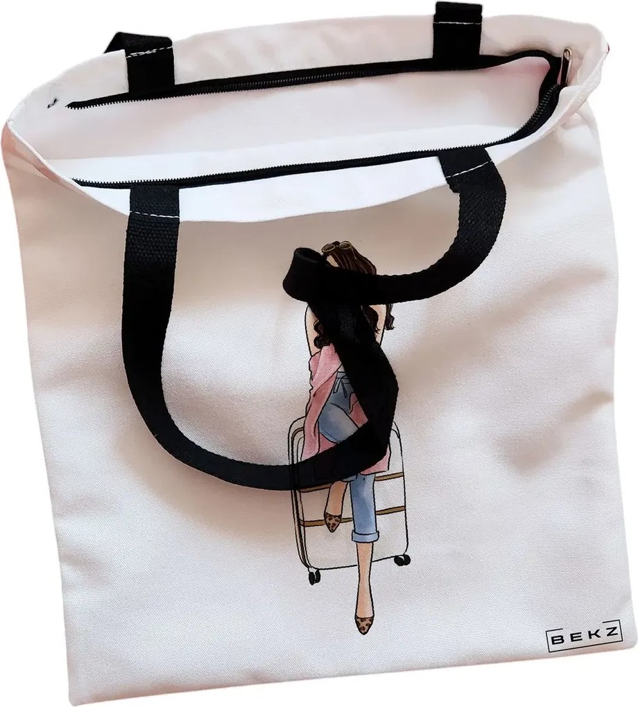 Sacosa de Panza pentru Cumparaturi, Geanta Tote, Travel Girl 3, Cu fermoar, 38x34.5 cm, Alba, BEKZ®