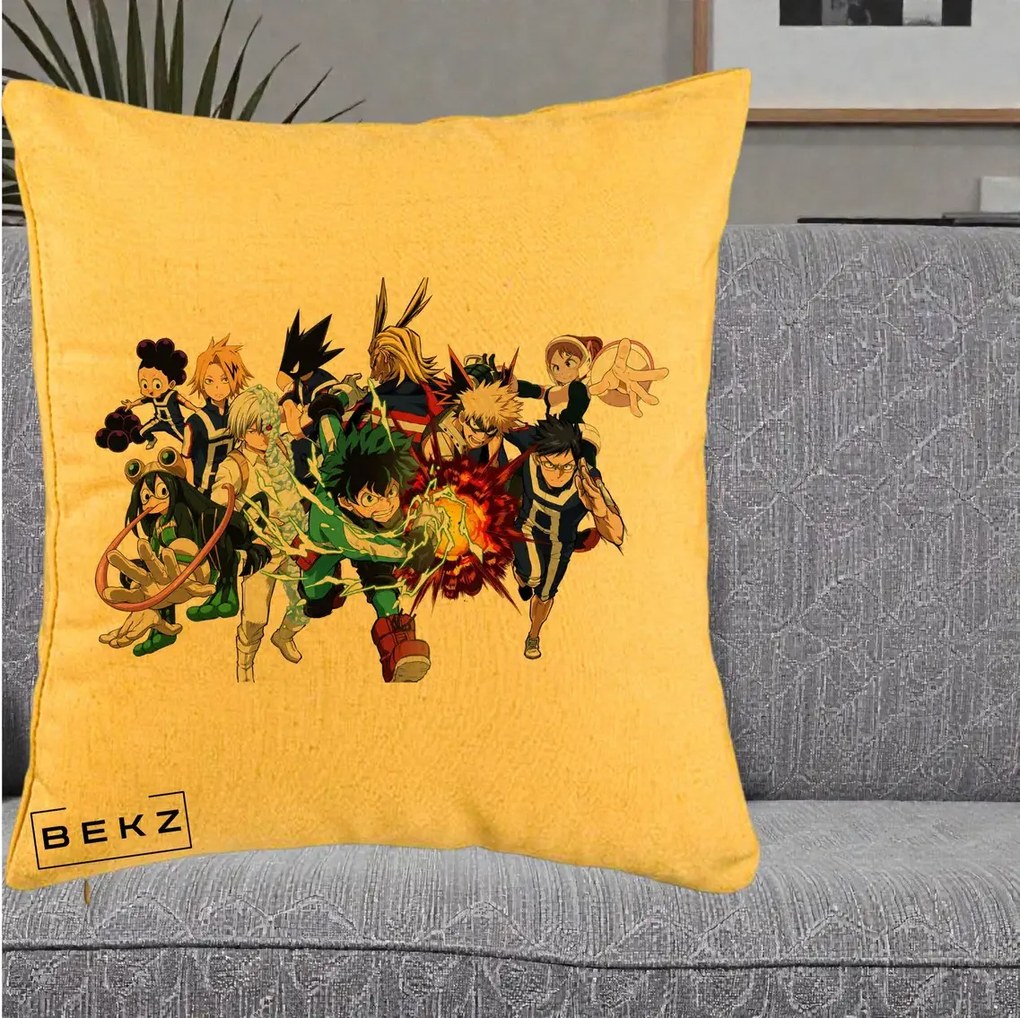 Perna Personalizata My Hero Academia Clasa 1-A Complet, 40x40 cm, Galben, Husa Detasabila, Perna Inclusa, BEKZ®