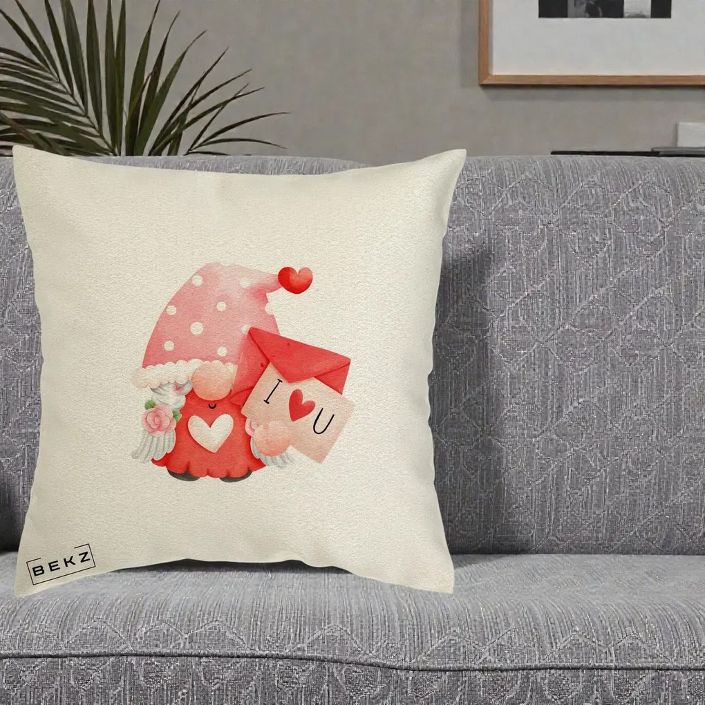 Cadou Romantic - Perna Personalizata I Love You Gnome Valentine cu Scrisoare, 40x40 cm, Ecru, Husa Detasabila, Perna Inclusa, BEKZ®