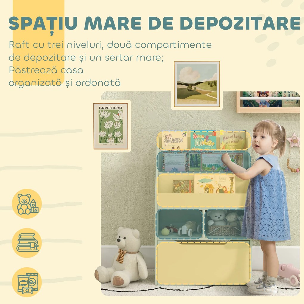 HOMCOM Bibliotecă pentru Copii cu Rafturi și Sertar, Raft Mobil pentru Jucării și Cărți, Dimensiuni 60x29.9x90 cm, Verde Strălucitor | Aosom România