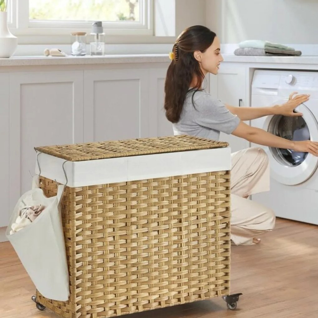 Coș de rufe pe roți din ratan sintetic AVA, 140L, maro natural SongmicsHome