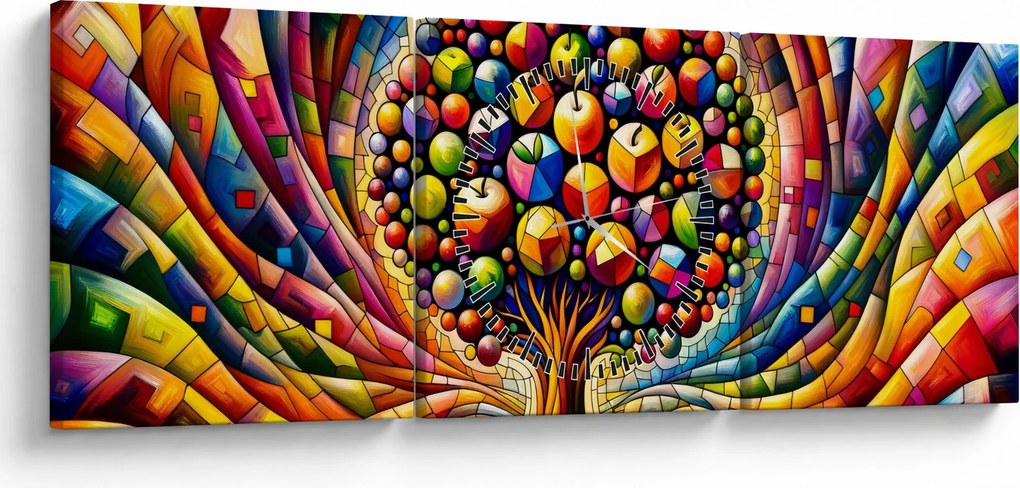 Tablou – Arbore colorat cu mere (cu ceas) (90x30 cm)
