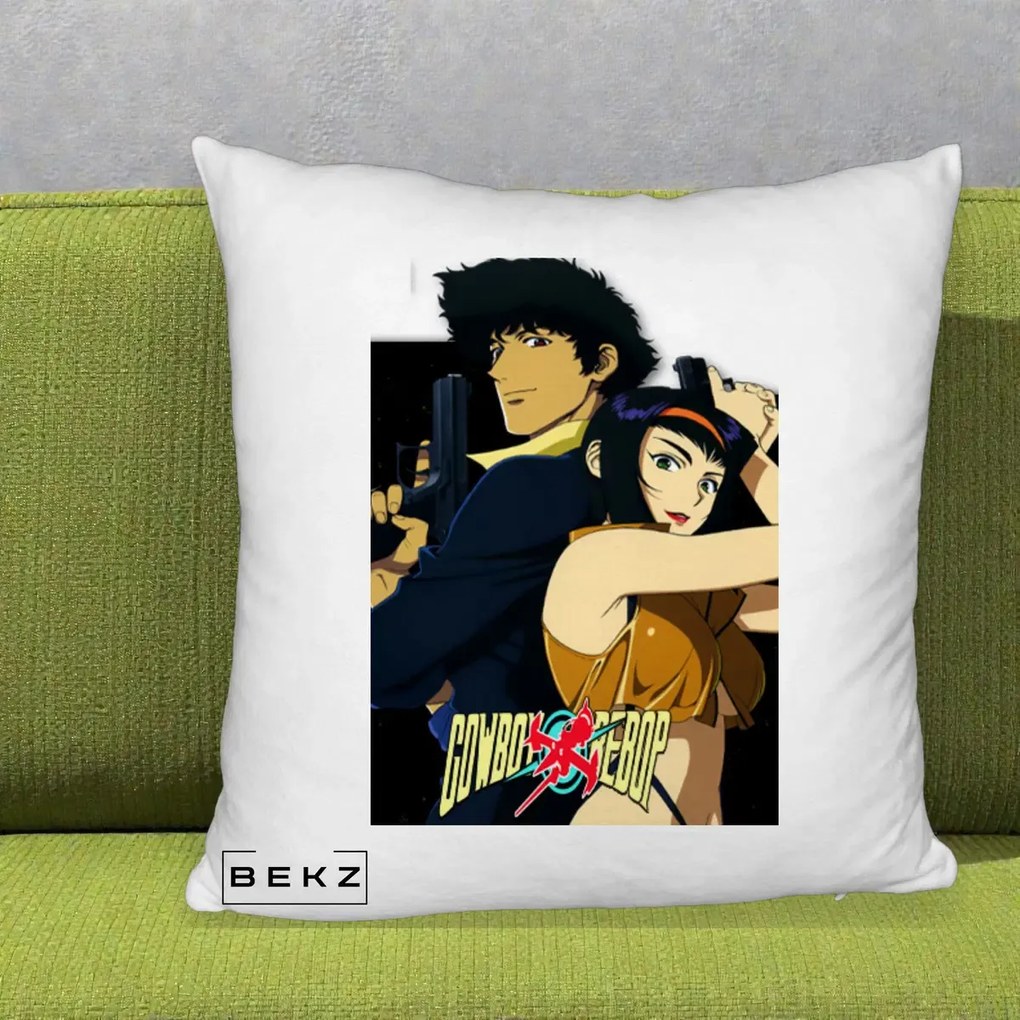 Perna Personalizata Cowboy Bebop Spike si Faye Poster, 40x40 cm, Alb Pufos, Husa Detasabila, Perna Inclusa, BEKZ®