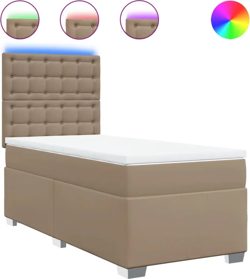 vidaXL Pat box spring cu saltea, cappuccino, 90x200 cm piele ecologică