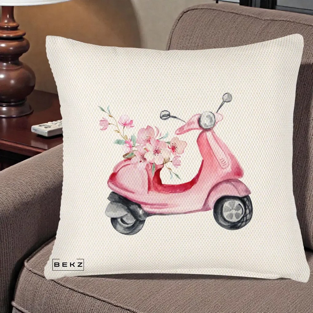 Perna Decorativa Scuter Roz cu Flori Acuarela, 40x40 cm, Crem Reliefat, Husa Detasabila, Perna Inclusa, BEKZ®