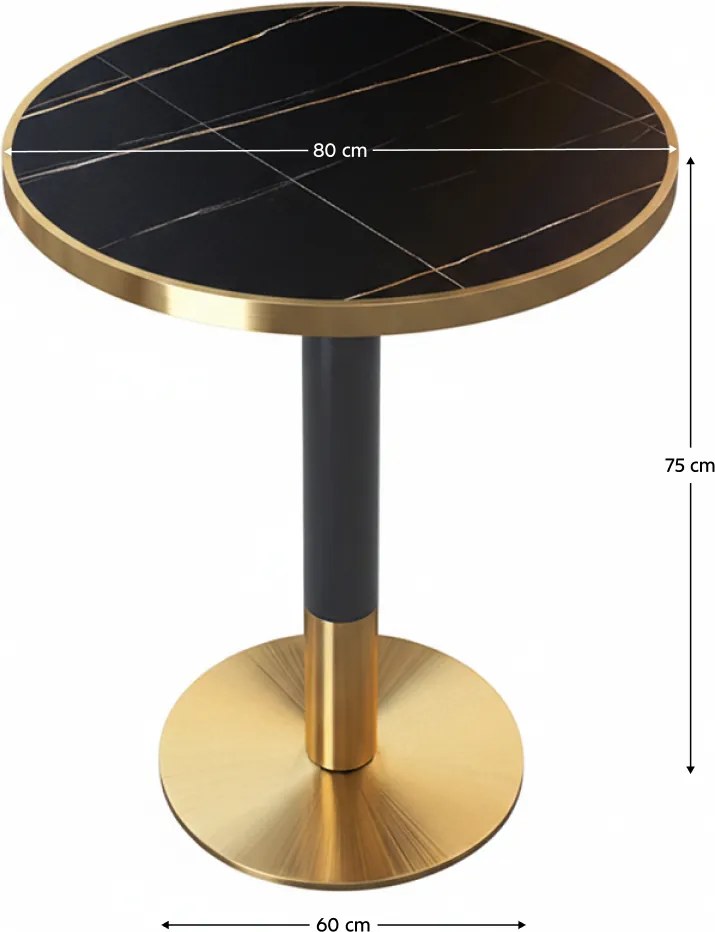 Masă bistro de sufragerie, marmură neagră/negru/auriu, diametru 80 cm, OREN