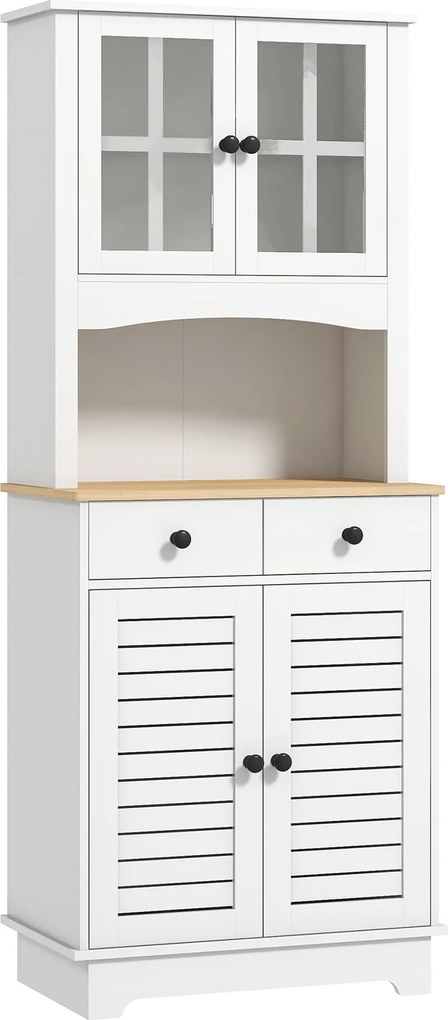 HOMCOM Dulap de bucătărie cu uși din sticlă, 2 sertare, dulap pentru veselă, dulap pentru sufragerie, lemn, 68 x 39,5 x 170 cm, Alb | Aosom Romania