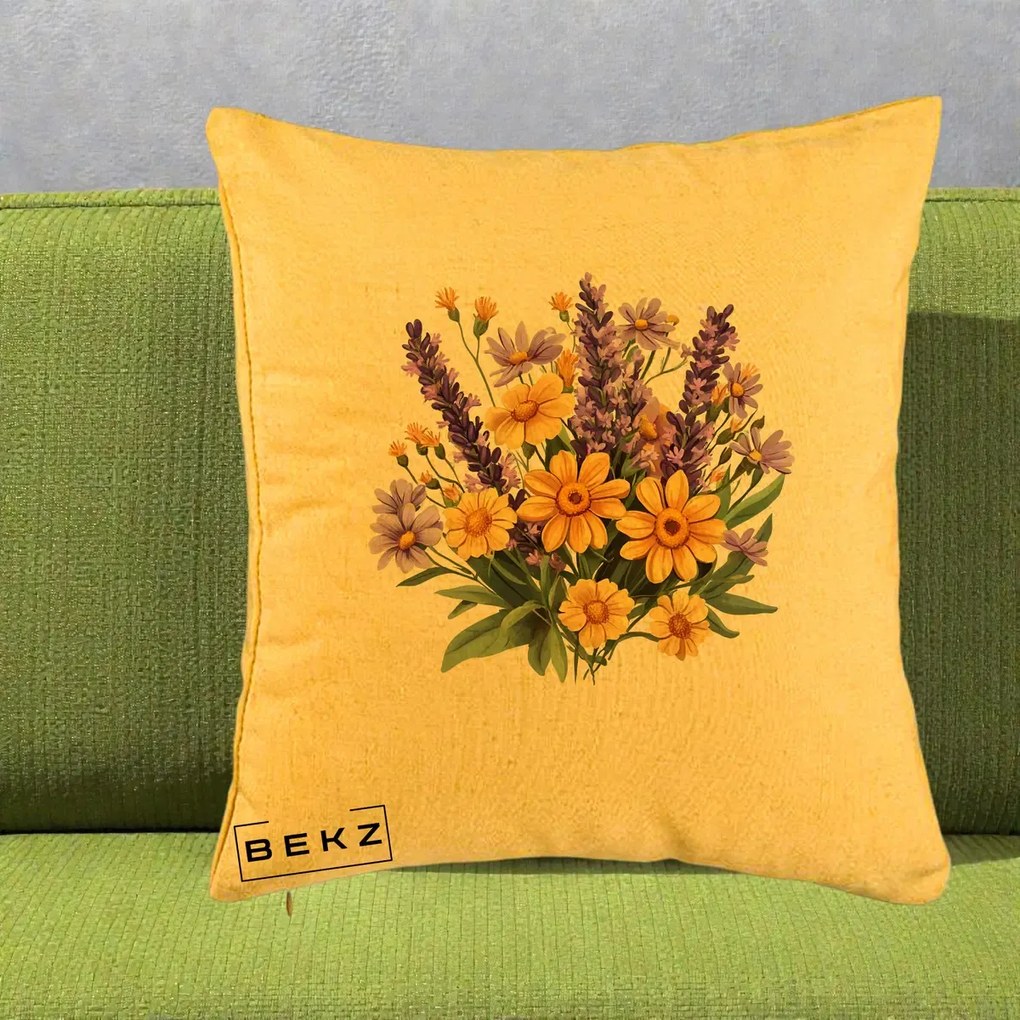 Perna Decorativa Lavanda cu Margarete Galbene si Lila, 40x40 cm, Galben, Husa Detasabila, Perna Inclusa, BEKZ®