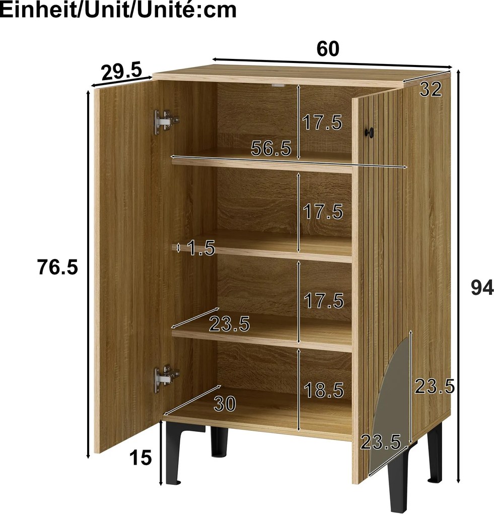 Dulap modern pentru pantofi, cu mult spațiu de depozitare, uși și mai multe rafturi, 60x32x94 cm, Culoare naturală