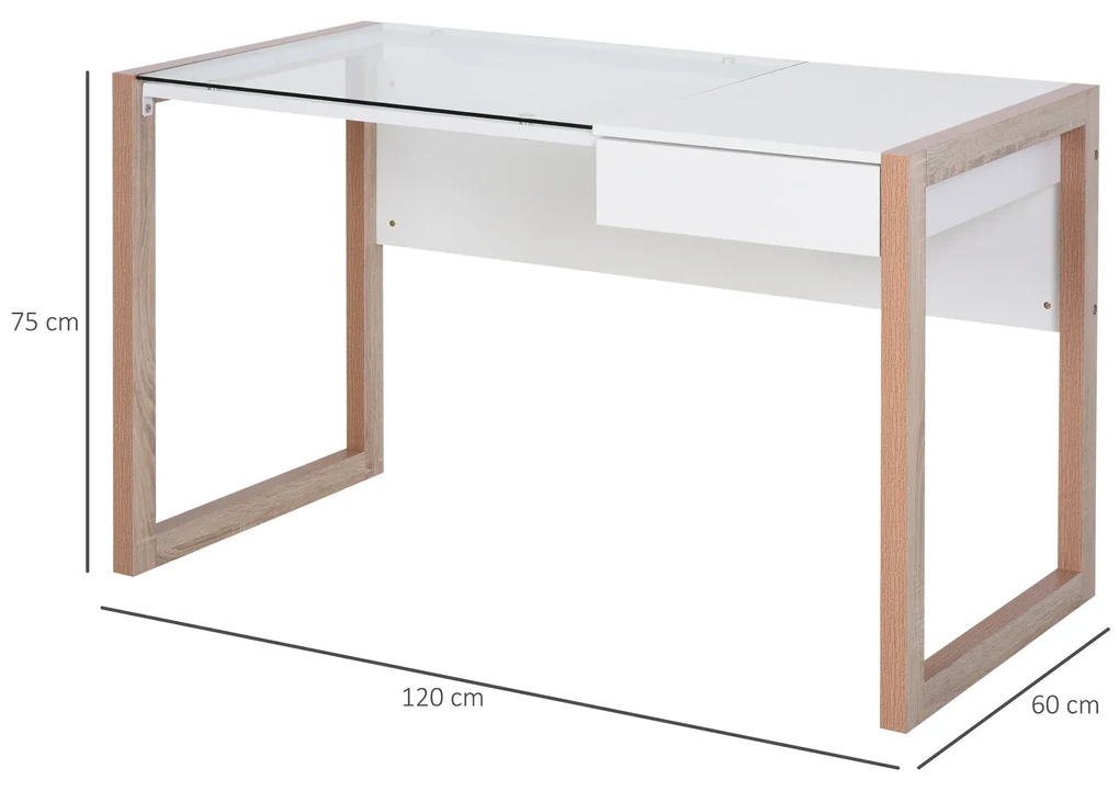 HOMCOM Masă de Birou Elegantă din Lemn și Sticlă Temperată, Design Modern cu Sertar, pentru Acasă sau Birou, 120x60x75cm | Aosom Romania