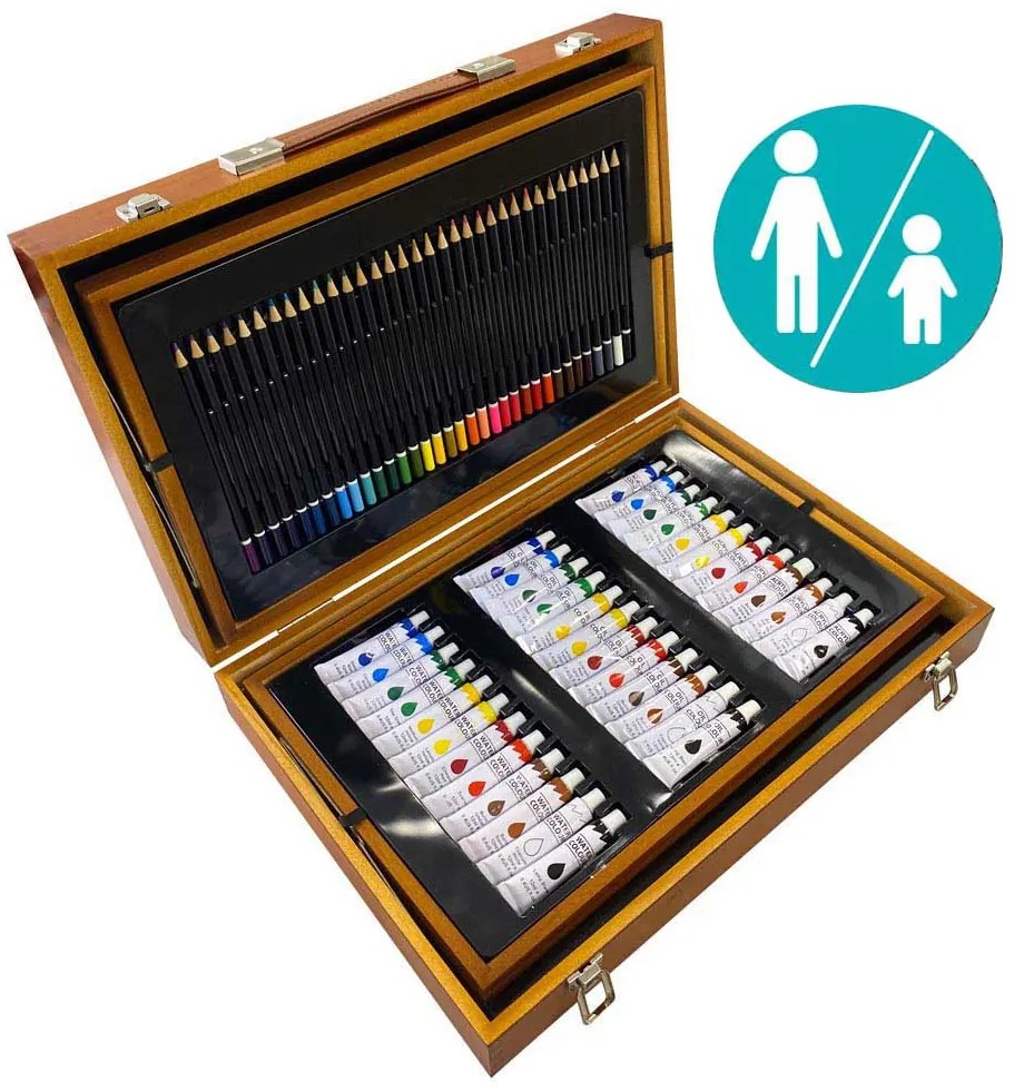 Set de pictura si desen de 174 piese, in cutie practica de cadou din lemn