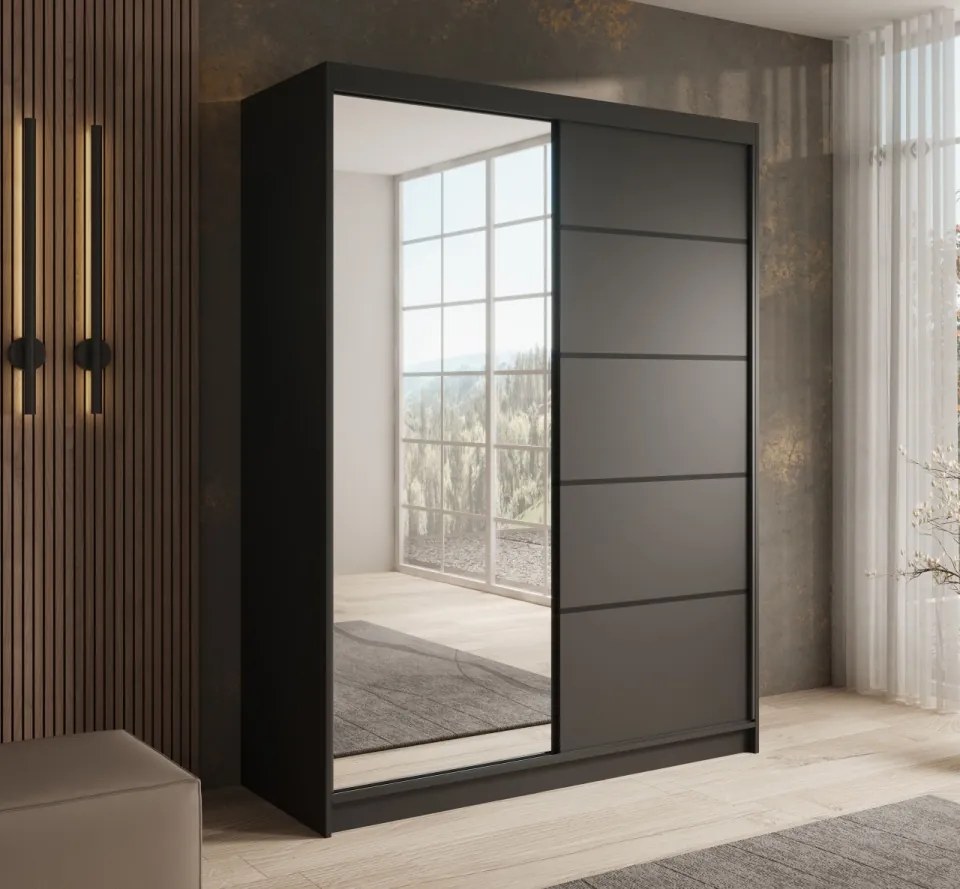 Dulap cu usi glisante, 150x58x200 cm, Cardi 150, ADRK Furniture (Culoare: Alb / Negru)