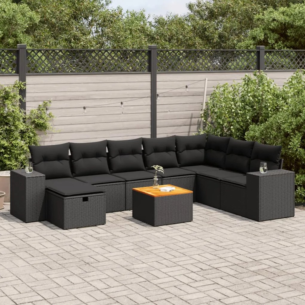 3325884 vidaXL Set mobilier de grădină cu perne, 9 piese, negru, poliratan