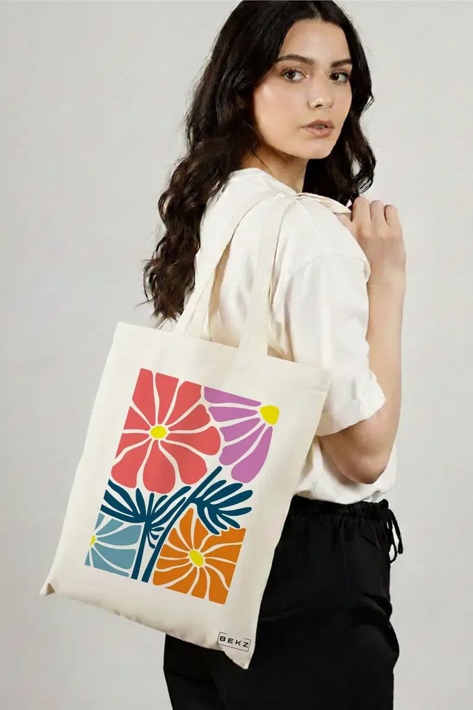 Sacosa de Panza pentru Cumparaturi, Geanta Tote Boho Style 11, 38x34.5 cm, Alba, BEKZ®