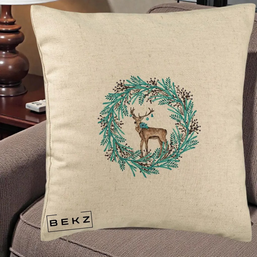 Perna Decorativa Coroana Turcoaz cu Ren, 40x40 cm, Bej, Husa Detasabila, Perna Inclusa, BEKZ®