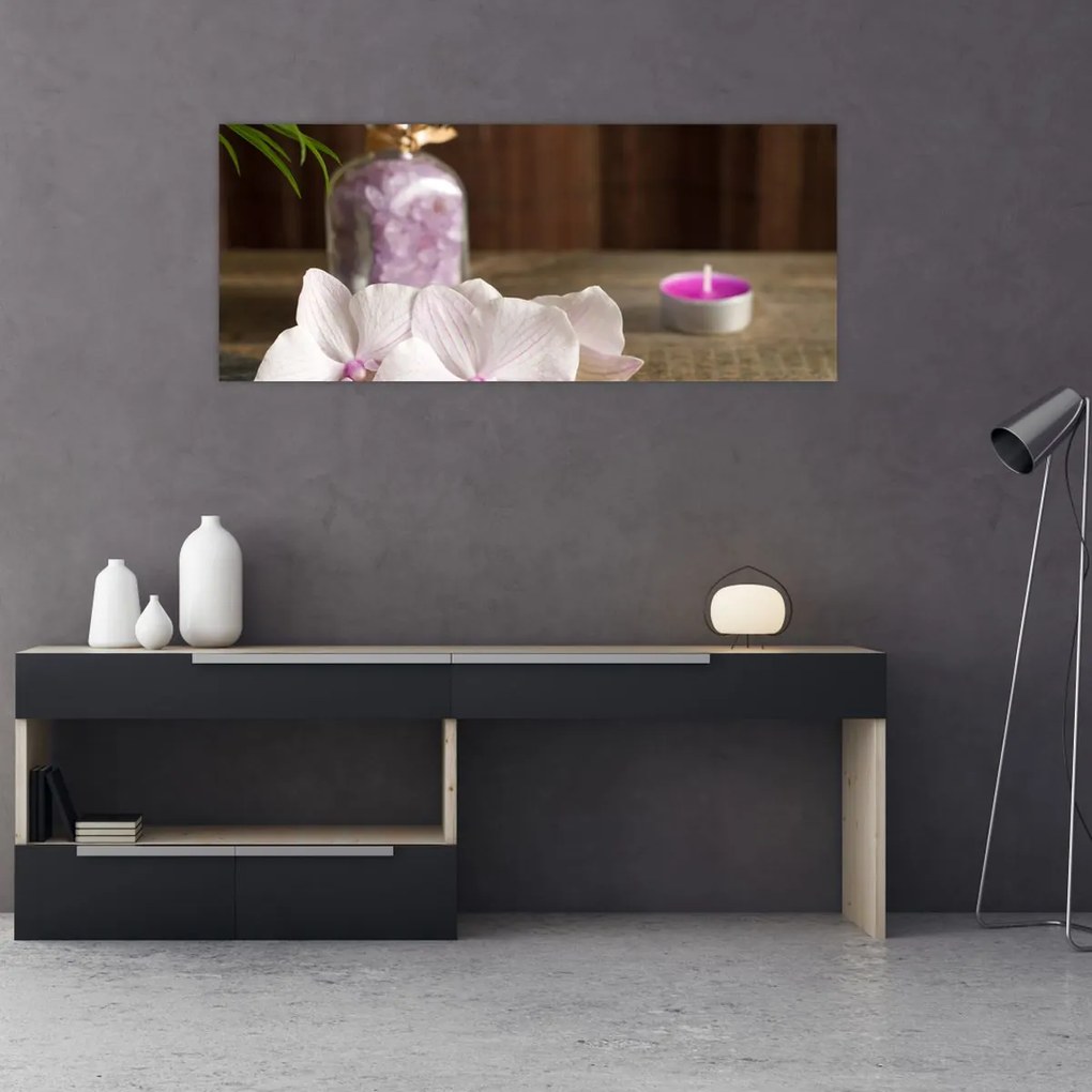 Tablou - Lumânare și orhidee (120x50 cm)
