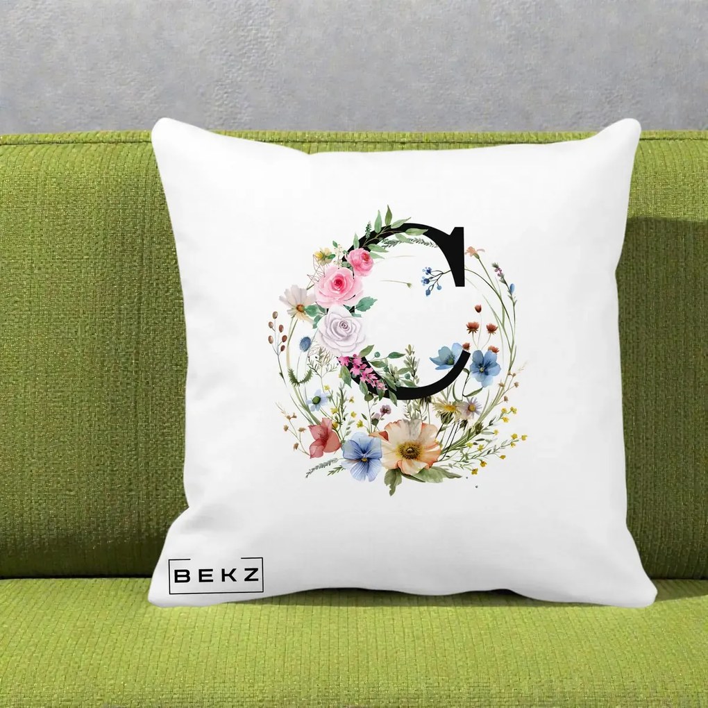 Cadou Personalizat - Perna Personalizata Monogram Litera C cu Flori Acuarela, 40x40 cm, Alba Mata, Husa Detasabila, Perna Inclusa, BEKZ®