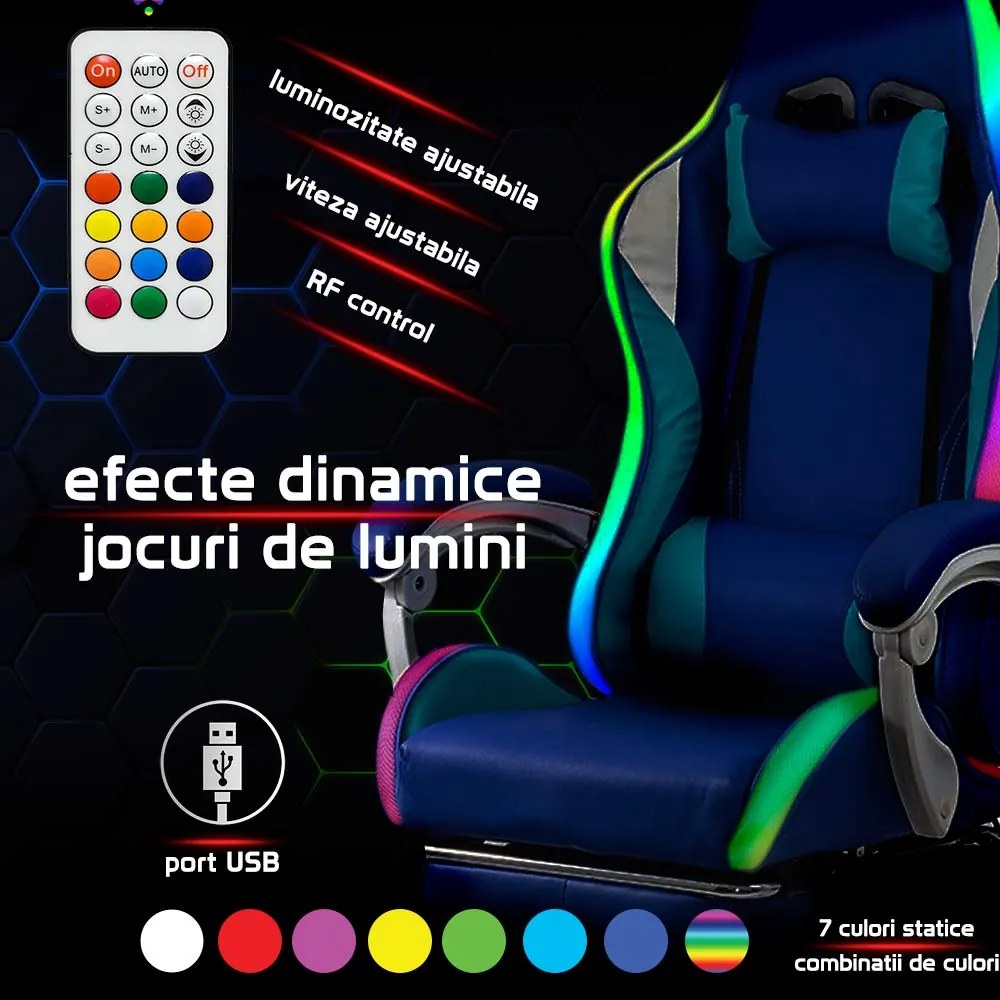 Scaun gaming albastru piele ecologica cu suport picioare si banda LED RGB OFF 298