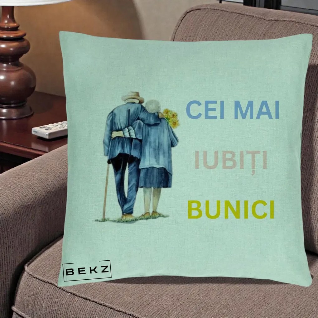 Cadou pentru Bunici - Perna Personalizata Cei Mai Iubiti Bunici Acuarela Spate, 40x40 cm, Verde Menta, Husa Detasabila, Perna Inclusa, BEKZ®