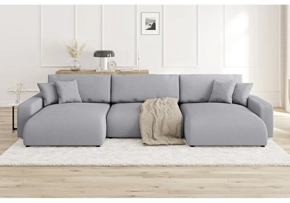 Colțar gri deschis extensibil, cu spațiu de depozitare, cu tapițerie din catifea reiată Sara – Ropez