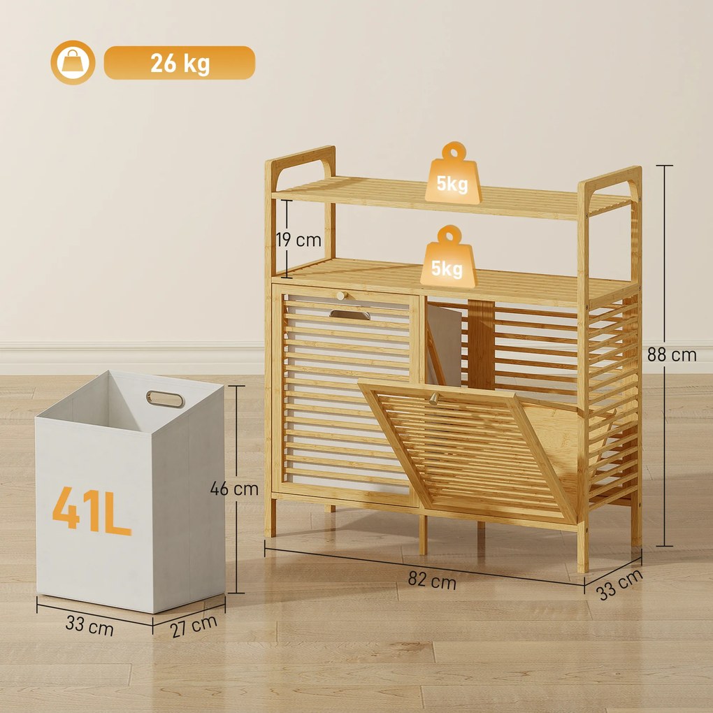 HOMCOM Mobilier pentru Rufe de Baie cu 2 Compartimente Basculante, 82L, Suport pentru Rufe Murdare din Bambus cu Coșuri Detașabile și Lavabile și 2 Rafturi, pentru Spălătorie și Baie, 82x33x88 cm, Culoare Lemn | Aosom Romania