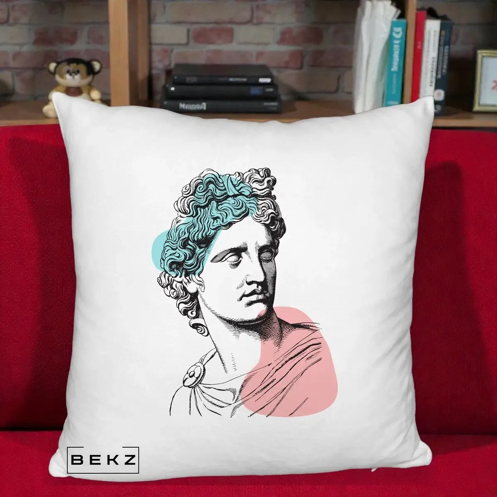 Perna Decorativa Bust Grec Vaporwave, 40x40 cm, Alb Pufos, Husa Detasabila, Perna Inclusa, BEKZ®