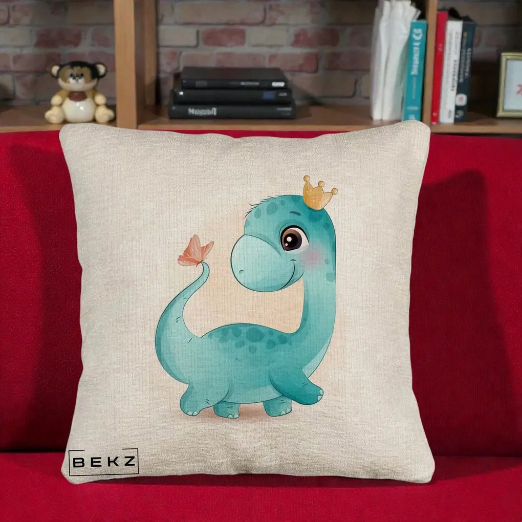 Perna Personalizata Dinozaur Bland Coroana Kawaii, 40x40 cm, Bej Canapea, Husa Detasabila, Perna Inclusa, BEKZ®