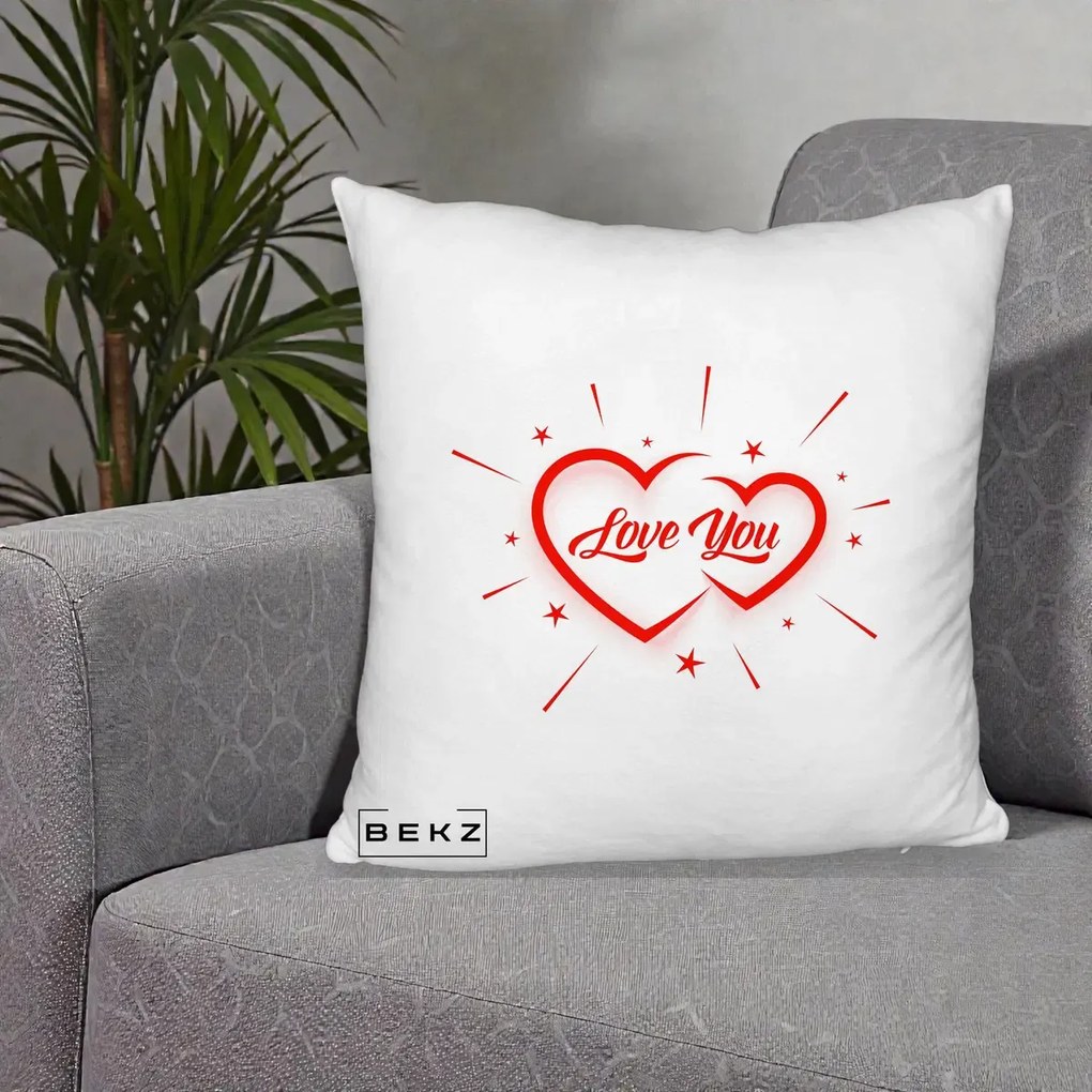 Cadou Romantic - Perna Personalizata Love You Doua Inimi, 40x40 cm, Alb Pufos, Husa Detasabila, Perna Inclusa, BEKZ®