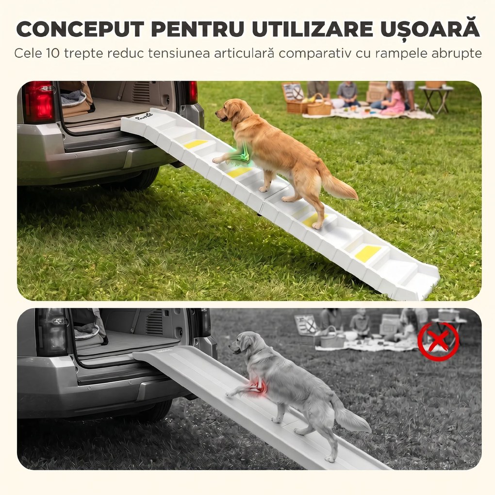 PawHut Rampă Pliabilă pentru Câini pentru Mașină și Paturi Înalte, cu 10 Trepte, Benzi și Covorașe Antiderapante, Albă | Aosom Romania