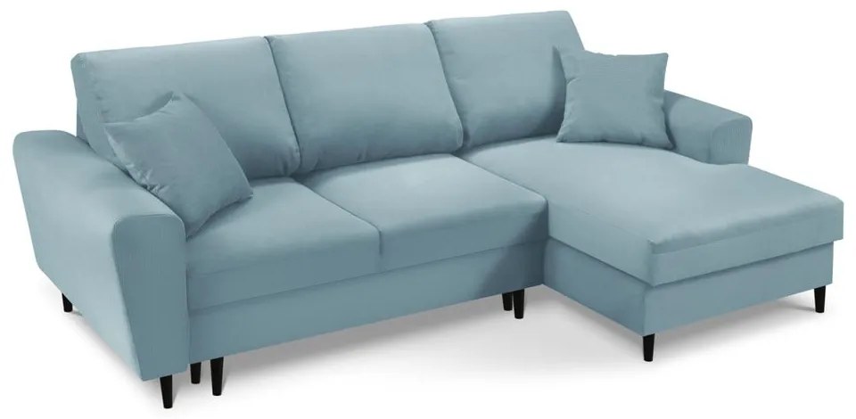 Colțar albastru deschis extensibil, cu spațiu de depozitare cu tapițerie din catifea reiată (cu colț pe partea dreaptă, cu șezlong) Kyoto – Cosmopolitan Design