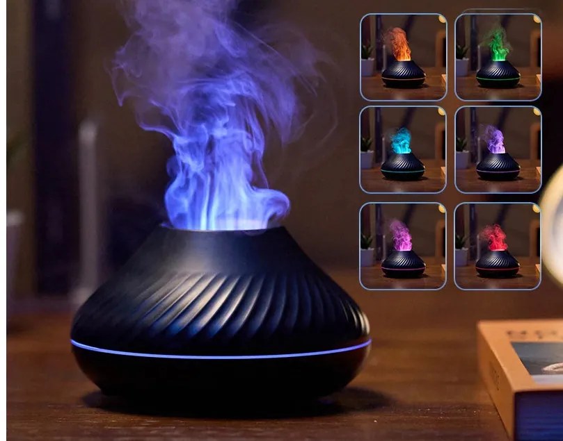 Umidificator cu difuzor de aroma cu flacara falsa 3D lumina de noapte cu 7 culori, difuzor de uleiuri esentiale si ceata rece cu ultrasunete, negru, 130 ml