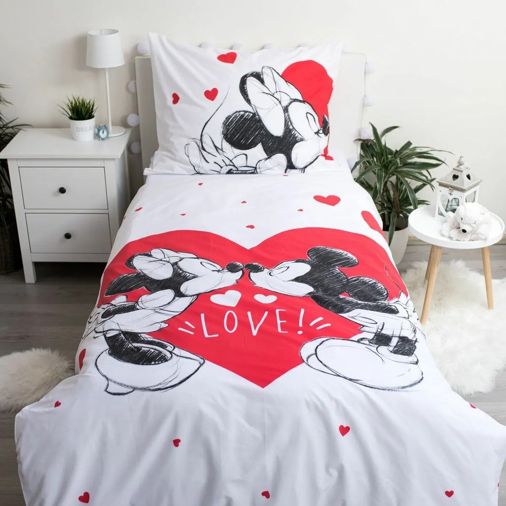 Lenjerie pat pentru copii Mickey and Minnie Love 05 din bumbac, 140 x 200 cm, 70 x 90 cm