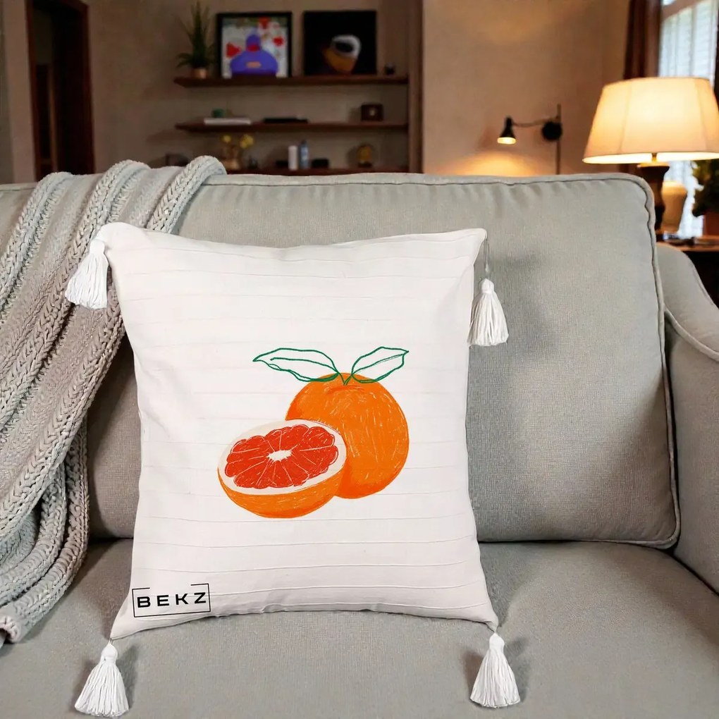 Perna Decorativa Grepfrut Citrus, 40x40 cm, Bej cu Franjuri, Husa Detasabila, Perna Inclusa, BEKZ®