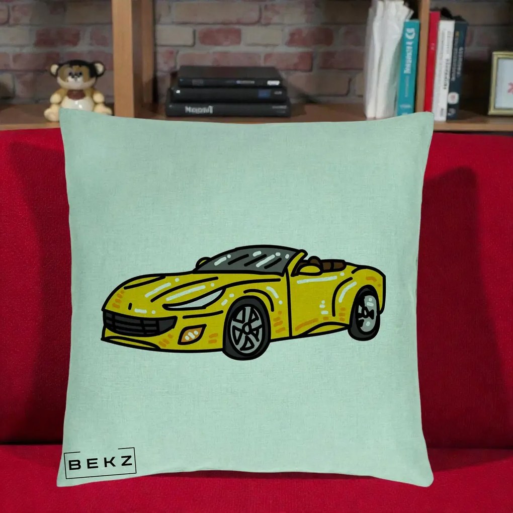 Perna Personalizata Masina Cabriolet Galbena Grafic, 40x40 cm, Verde Menta, Husa Detasabila, Perna Inclusa, BEKZ®