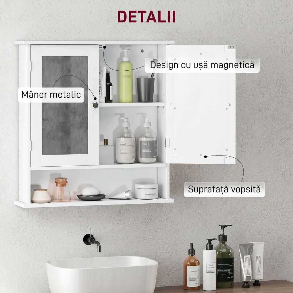 kleankin Dulap Suspendat pentru Baie cu 2 Uși cu Oglindă și Raft Deschis, Raft Interior Reglabil, Mânere Metalice, 56x13x58 cm, Alb | Aosom Romania
