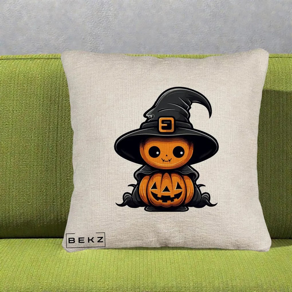 Perna Decorativa Halloween Dovleac Vrajitor Kawaii, 40x40 cm, Bej Canapea, Husa Detasabila, Perna Inclusa, BEKZ®