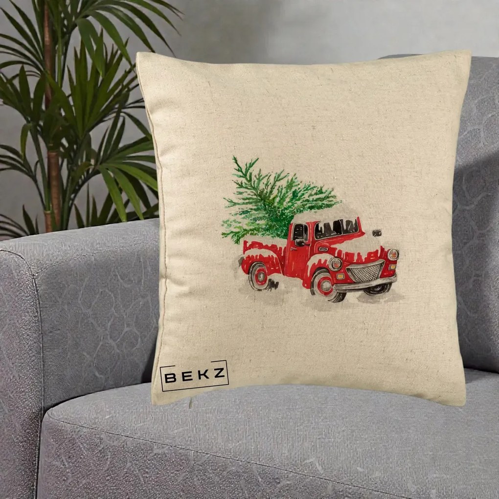 Perna Decorativa Camioneta Rosie Brad de Craciun, 40x40 cm, Bej, Husa Detasabila, Perna Inclusa, BEKZ®