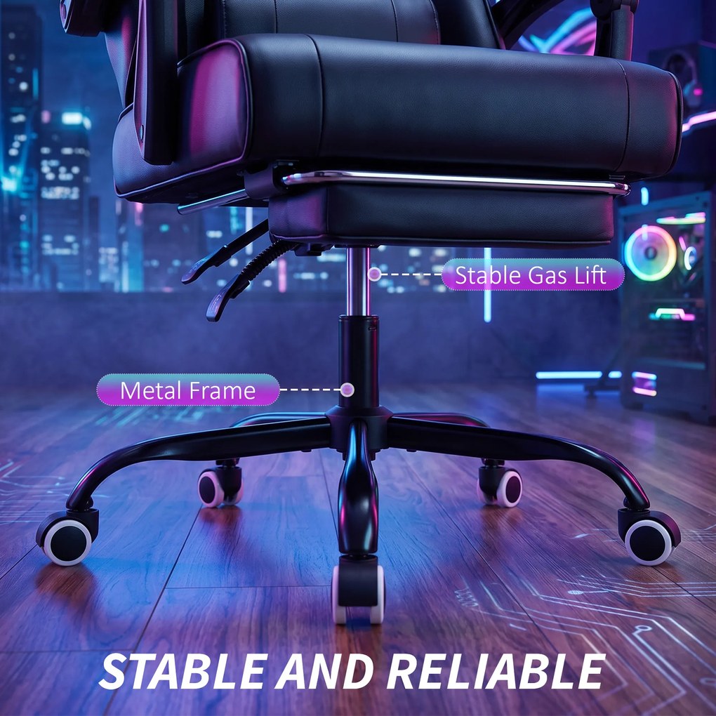 HOMCOM Scaun de gaming ergonomic, fotoliu gamer cu suport lombar masaj, spătar înclinat, înălțime reglabilă, negru | Aosom Romania