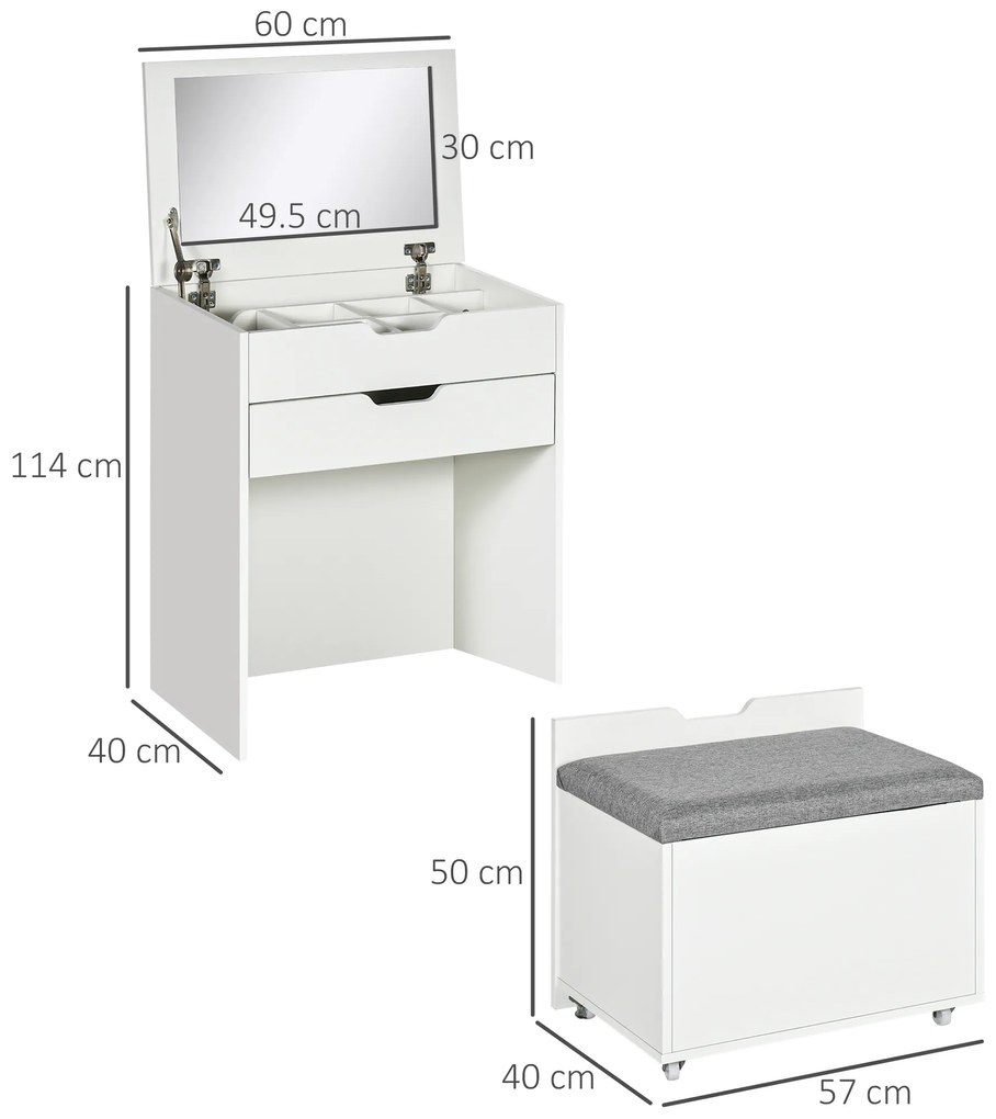 HOMCOM Masa de toaleta pentru dormitor cu oglinda si scaun asortat, masa de machiaj cu compartiment ascuns si sertar din lemn, alb | Aosom Romania