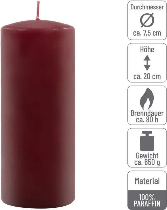Set de lumânări în formă de pilon, 20 cm, Ø 7,5 cm, burgundy
