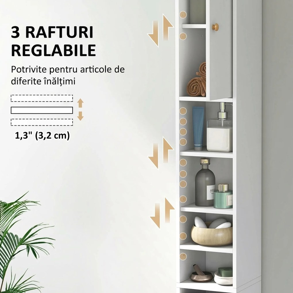 HOMCOM Dulap Înalt de Baie cu 2 Compartimente, 3 Rafturi Deschise și Sertar, 20x20x178 cm, Alb | Aosom Romania