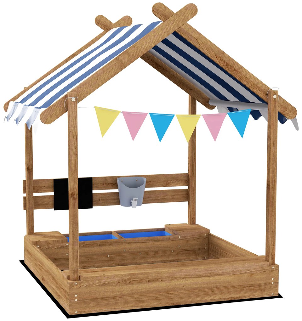 Outsunny Nisip pentru copii in forma de casa din lemn cu copertina 2 bazine chiuveta tabla 124 x 116 x 146 cm negru | Aosom Romania