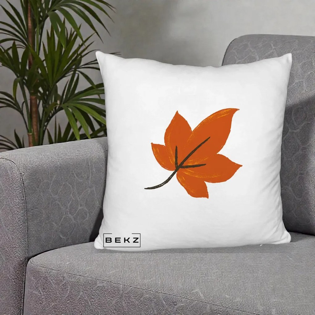 Perna Decorativa Frunza de Toamna Portocalie, 40x40 cm, Alb Pufos, Husa Detasabila, Perna Inclusa, BEKZ®
