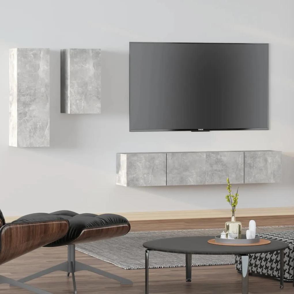 Set dulap TV, 4 piese, gri beton, lemn prelucrat 4, Gri beton, 80 x 30 x 30 cm