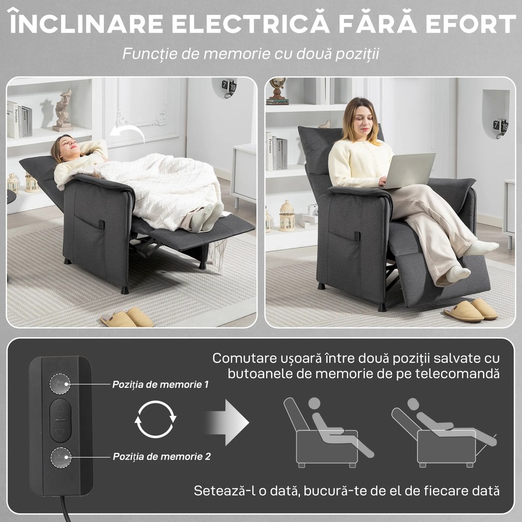 HOMCOM Fotoliu Reclinabil Electric Brushless cu Suport pentru Picioare Negru | Aosom Romania