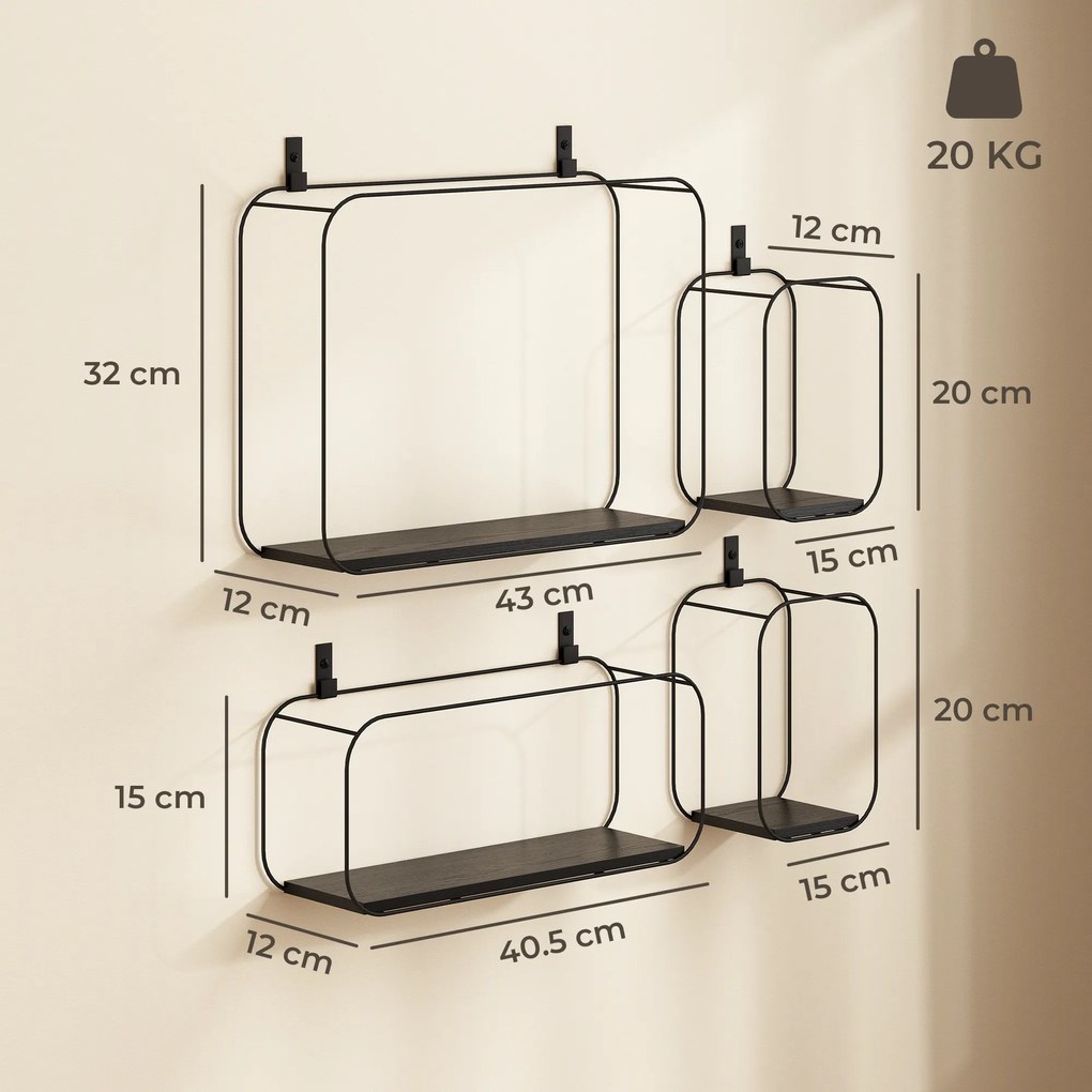 HOMCOM Rafturi Flotante Geometrice pentru Living, Set de 4 Piese, Negru | Aosom Romania