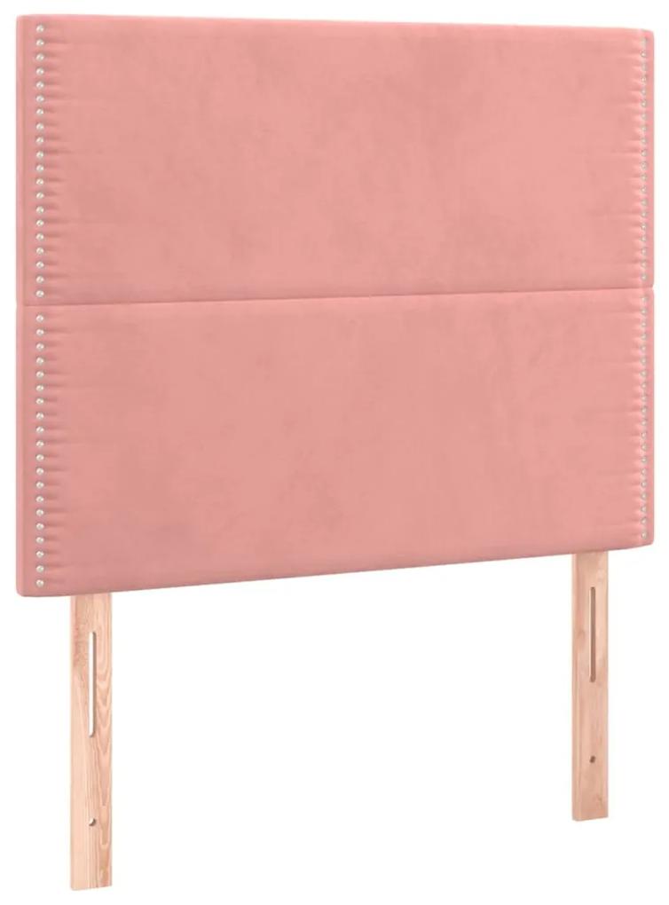 Pat box spring cu saltea, roz, 90x190 cm, catifea Roz, 90 x 190 cm, Culoare unica si cuie de tapiterie