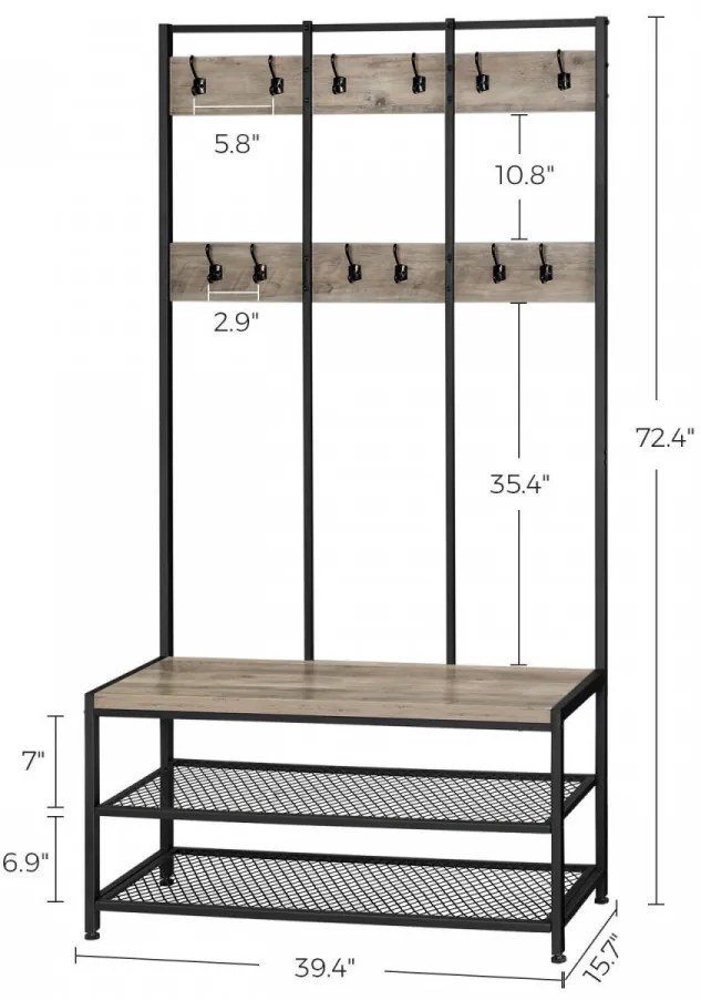 Cuier cu suport pantofi, 100 x 40 x 184 cm, PAL melaminat, grej / negru, Vasagle