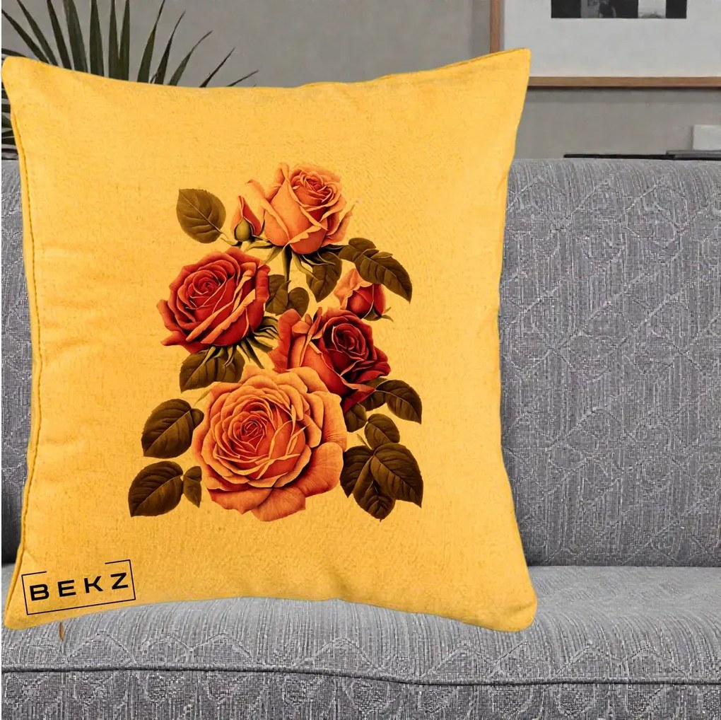 Perna decorativa cu flori: Trandafiri Vintage Roz-Rosii, 40x40 cm cu Umplutura, Galben, BEKZ