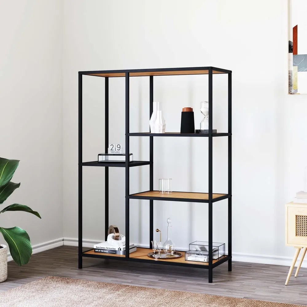 Bibliotecă neagră/în culoare naturală cu aspect de lemn de stejar 80x112x35 cm Altino – Unique Furniture